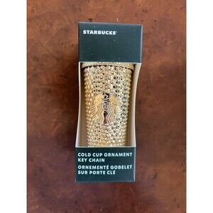STARBUCKS Keychain Ornament Gold Metallic Studded Cold Cup  Christmas NEW